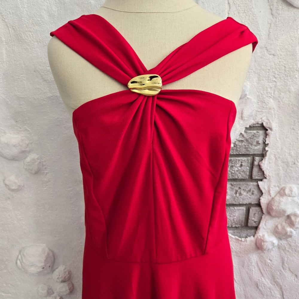 Elegant Red Halter Midi Dress with Gold Hardware Accent A-Line Formal Dress - Picture 8 of 16